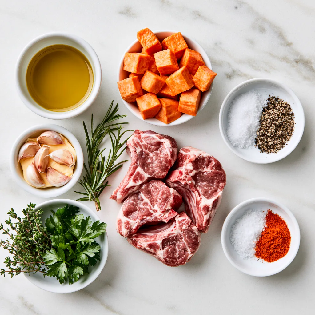 All the ingredients needed to make lamb chops with sweet potato