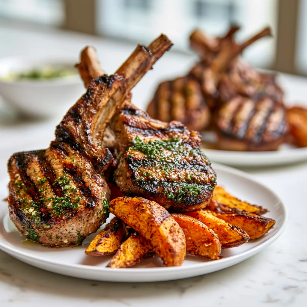 An example of how lamb chops with sweet potatoes can be served
