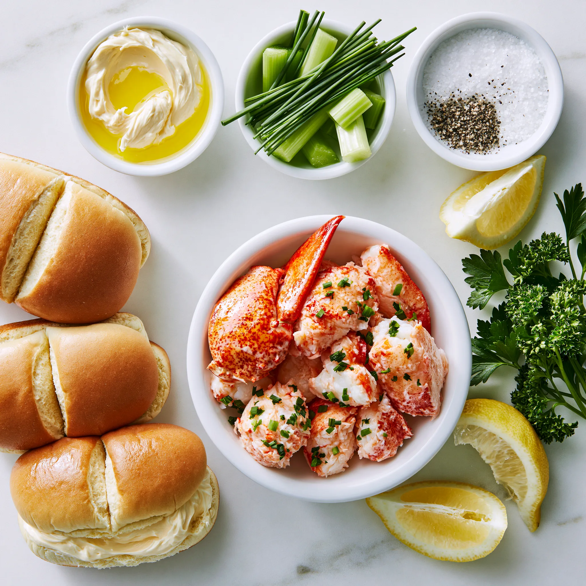Sliced buns, sliced lemon, lobster pieces in a while bowl, fresh parsley, and spices. All ingredients needed to make New England lobster roll