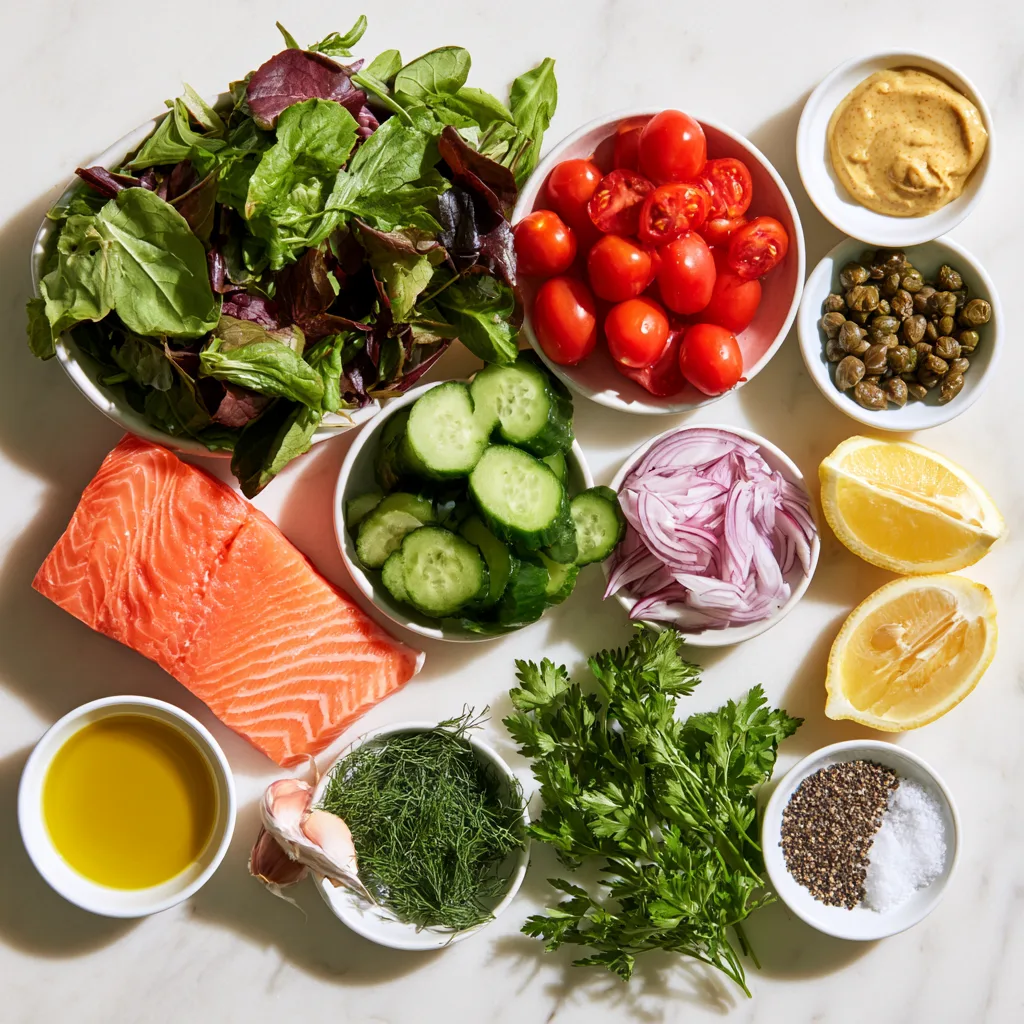 All the ingredients needed to make 10-Minute Salmon Salad with Capers and Lemon