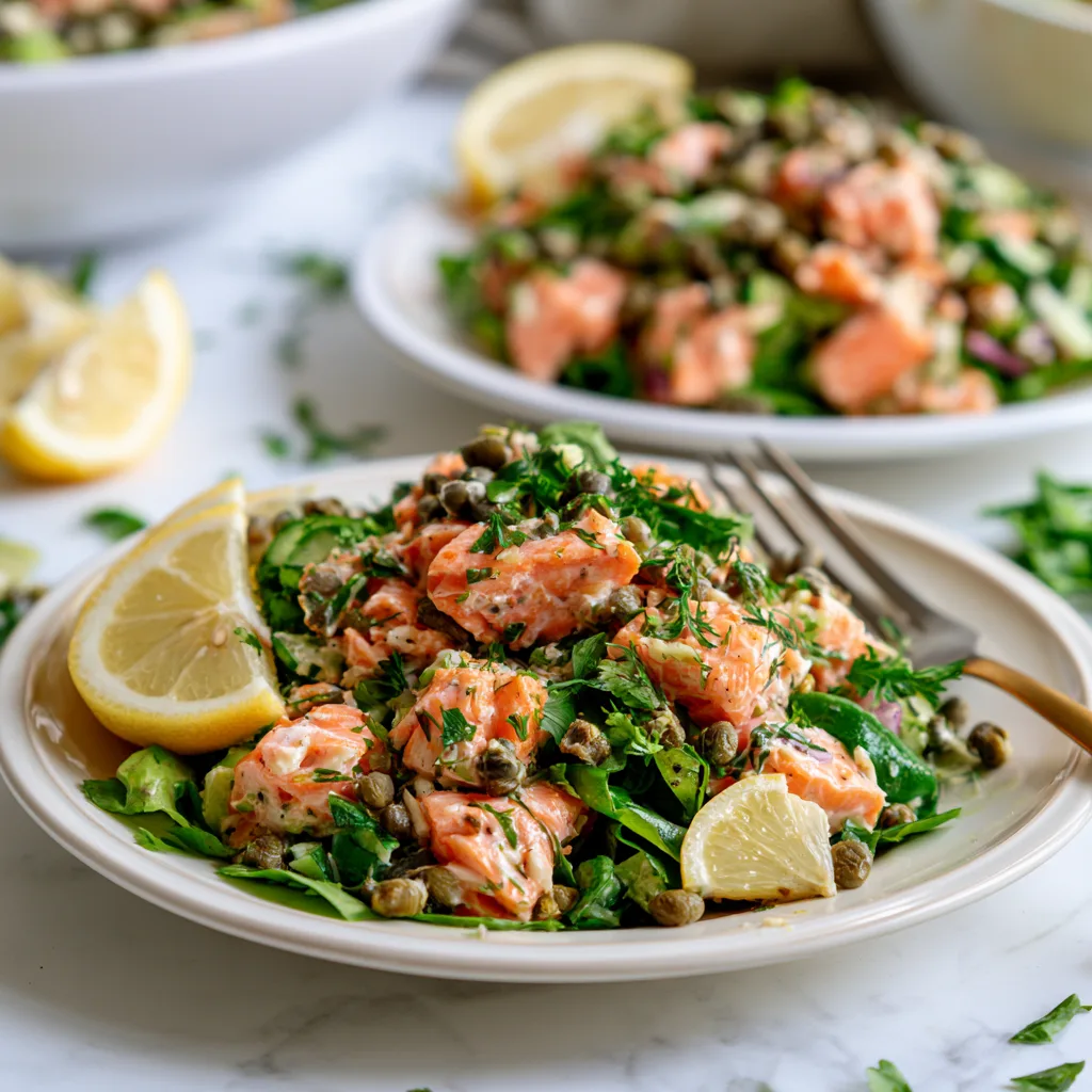 A serving example of 10-Minute Salmon Salad with Capers and Lemon