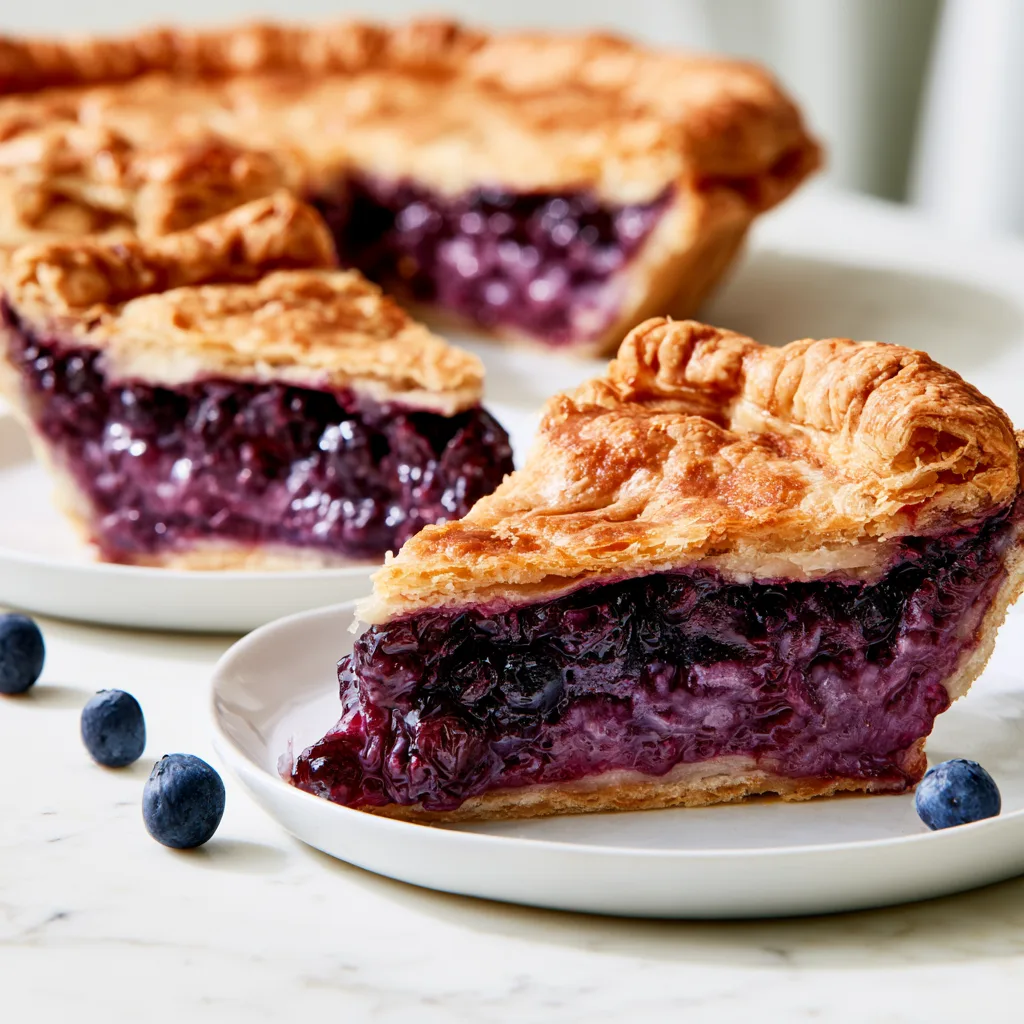Saskatoon berry pie slice served on a white plate with the whole pie in the background. 