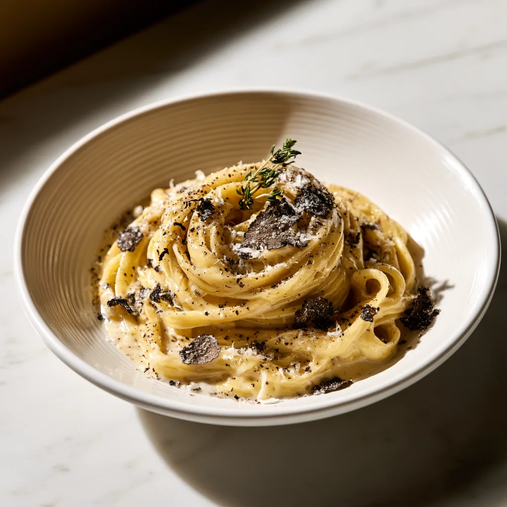 Tagliatelle with truffle cream in a ceramic bowl with garnish.