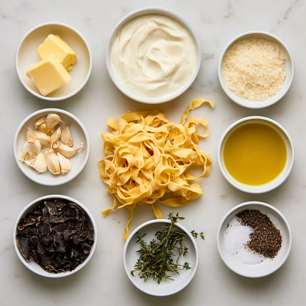 All ingredients needed to make tagliatelle with truffle cream lined up on a marble countertop