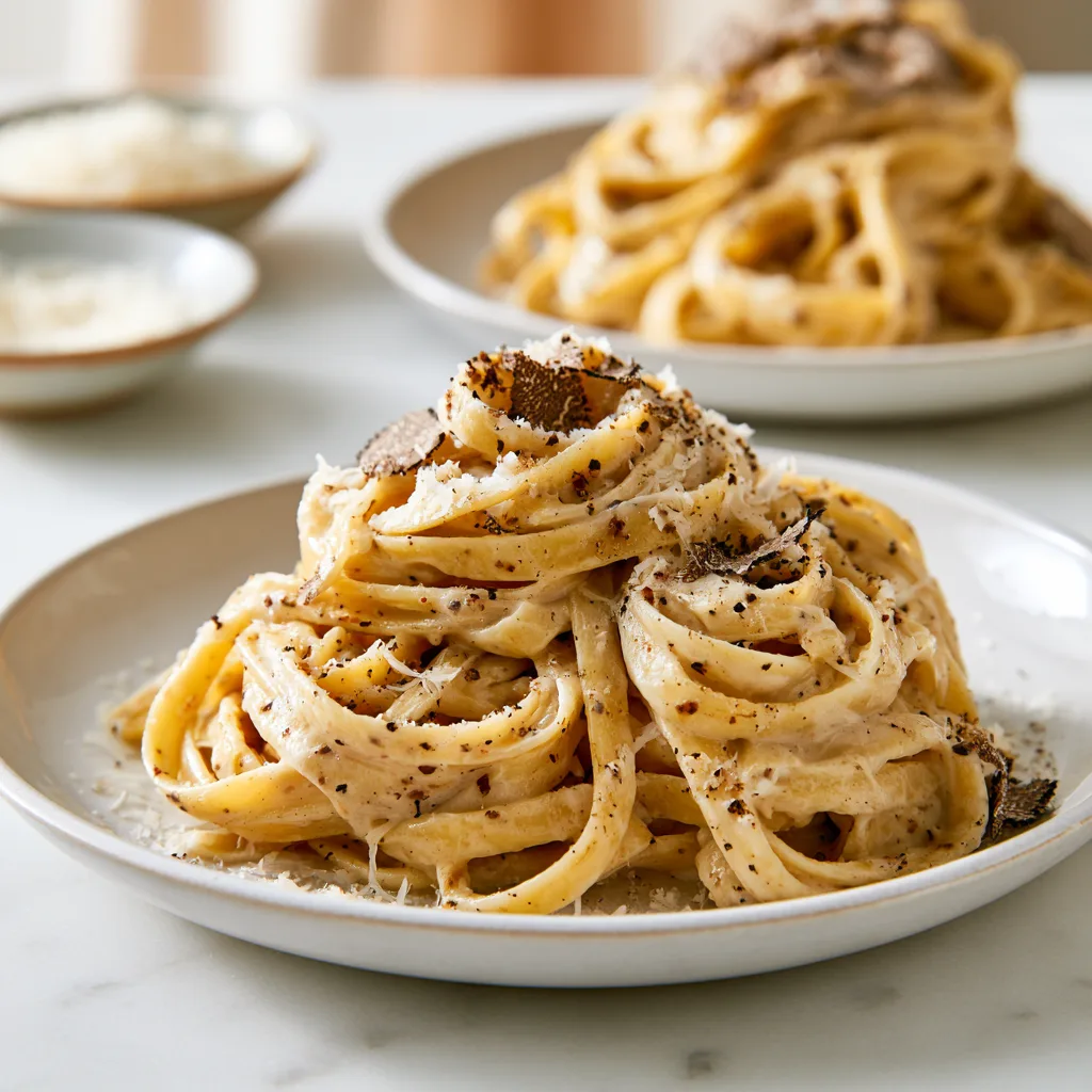 A serving example of the tagliatelle with truffle cream in a shallow white ceramic plate sprinkled with cheese and truffles.