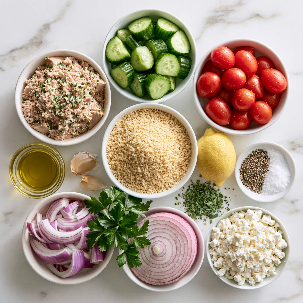 All the ingredients needed to make tuna salad with couscous