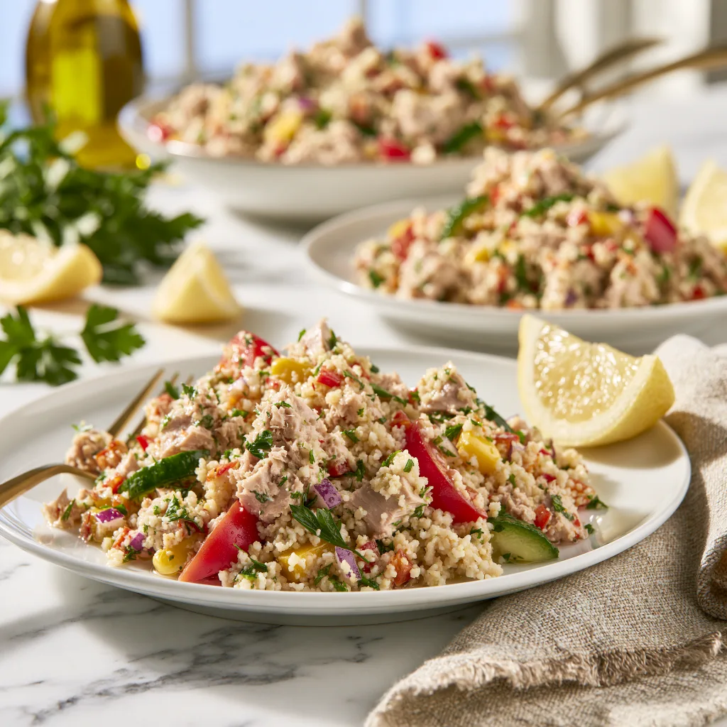 Serving example of tuna salad with couscous