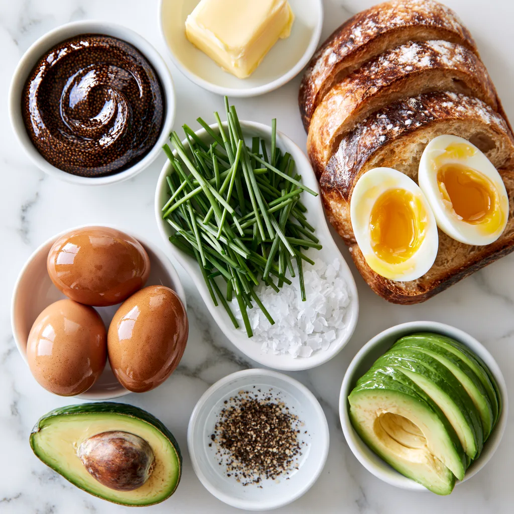 All the ingredients needed to make Vegemite with eggs. Vegemite is included in the image.