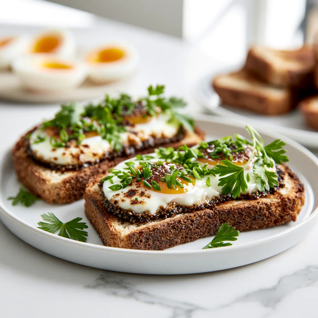 Vegemite with eggs served on a white ceramic plate with fresh parsley on top.