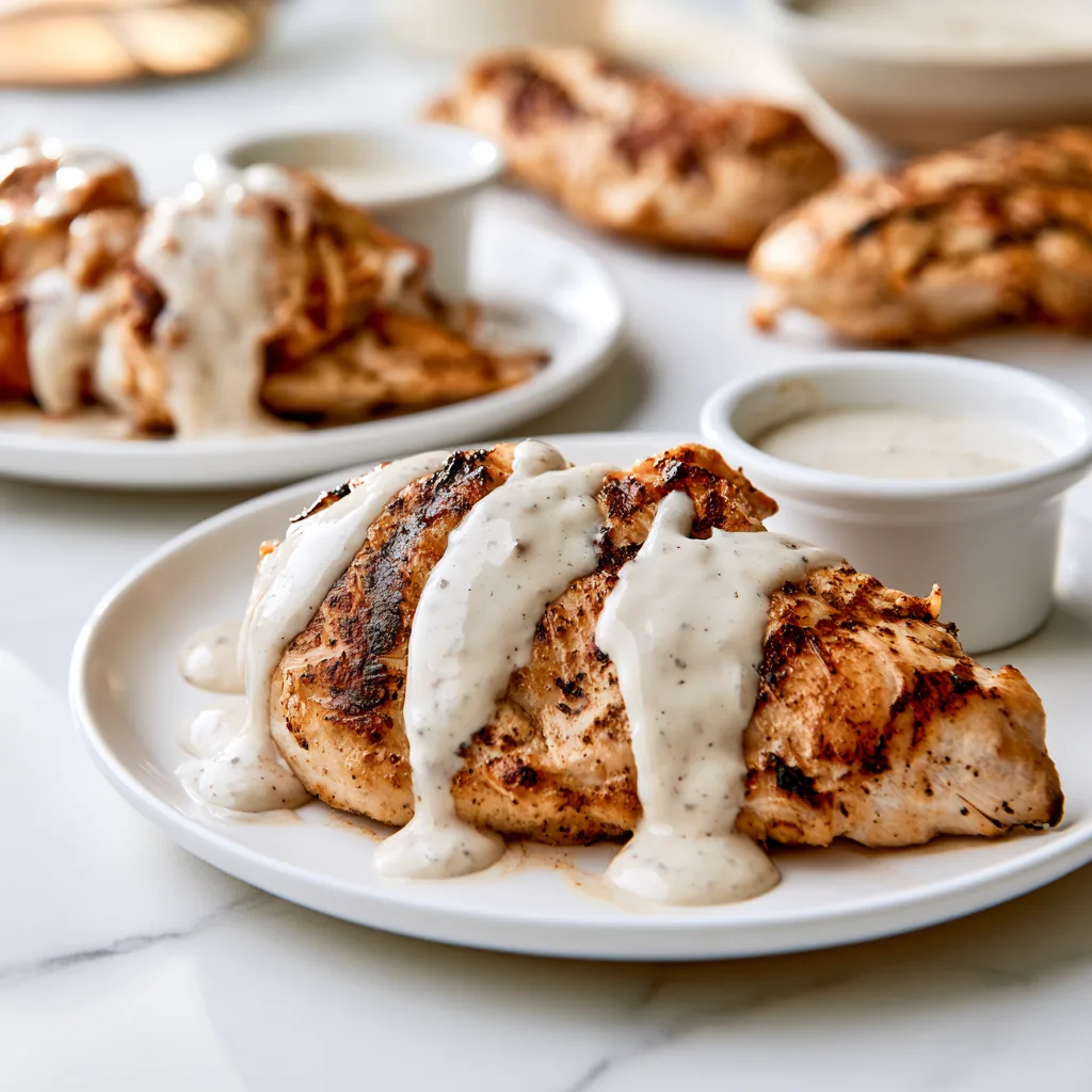 Alabama white bbq sauce poured over grilled chicken breast
