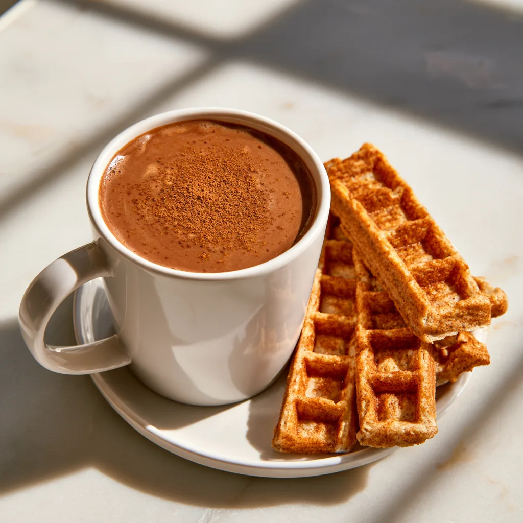 Chai hot chocolate with spiced waffle dippers in a white cup on a white ceramic plate