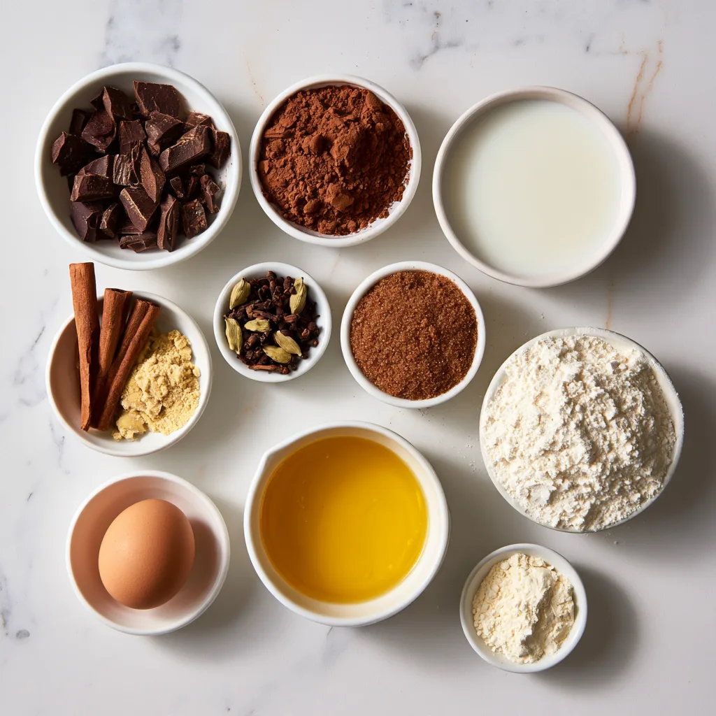 Ingredients needed to make chai hot chocolate with spiced waffle dippers