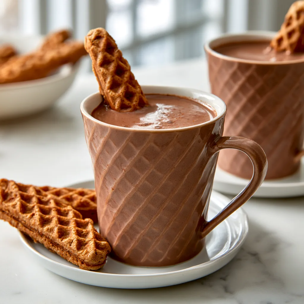 Serving example of chai hot chocolate with spiced waffle dippers