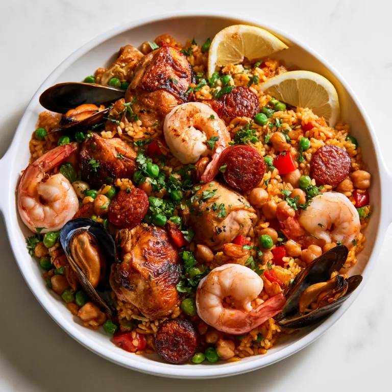 Julia Child's Paella a l'Americaine in a white bowl with fresh lemon