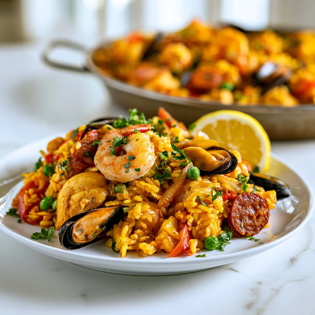 Julia Child's Paella a l'Americaine served on a white plate with fresh lemon