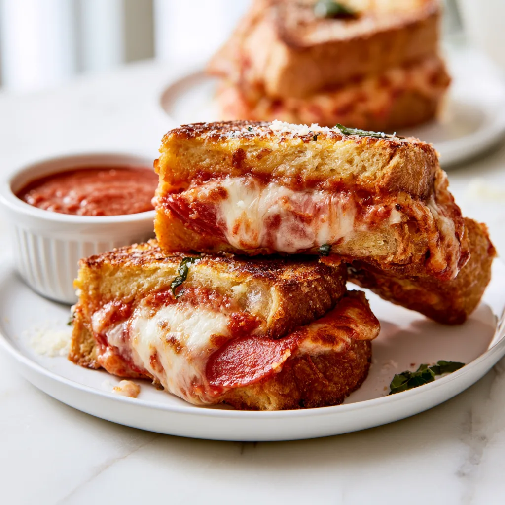 Pizza stuffed French toast sliced in two on a whit plate