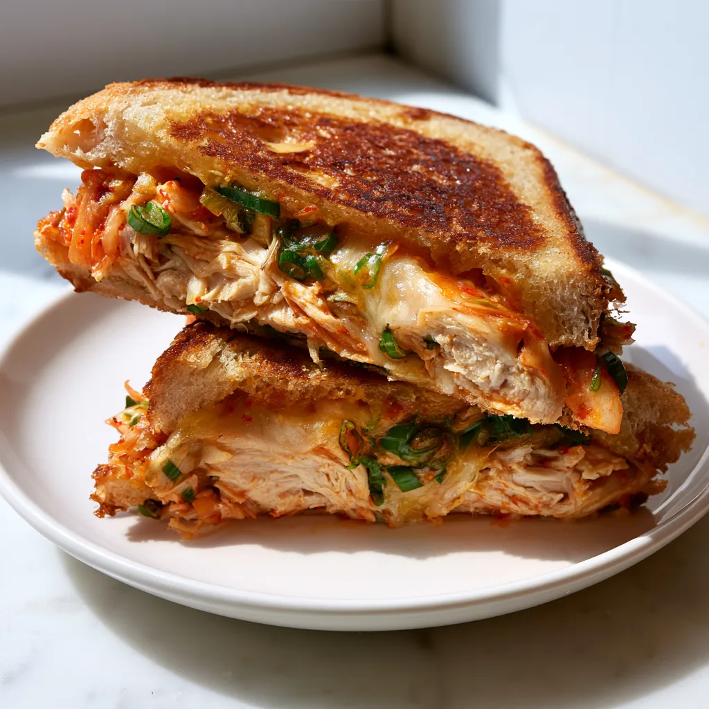 Roast Chicken Kimchi Toastie sliced in two on a white plate