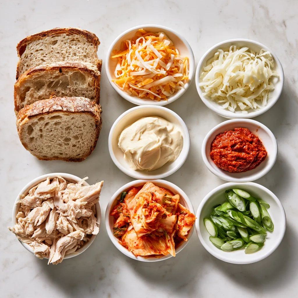 Ingredients needed to make Roast Chicken Kimchi Toastie