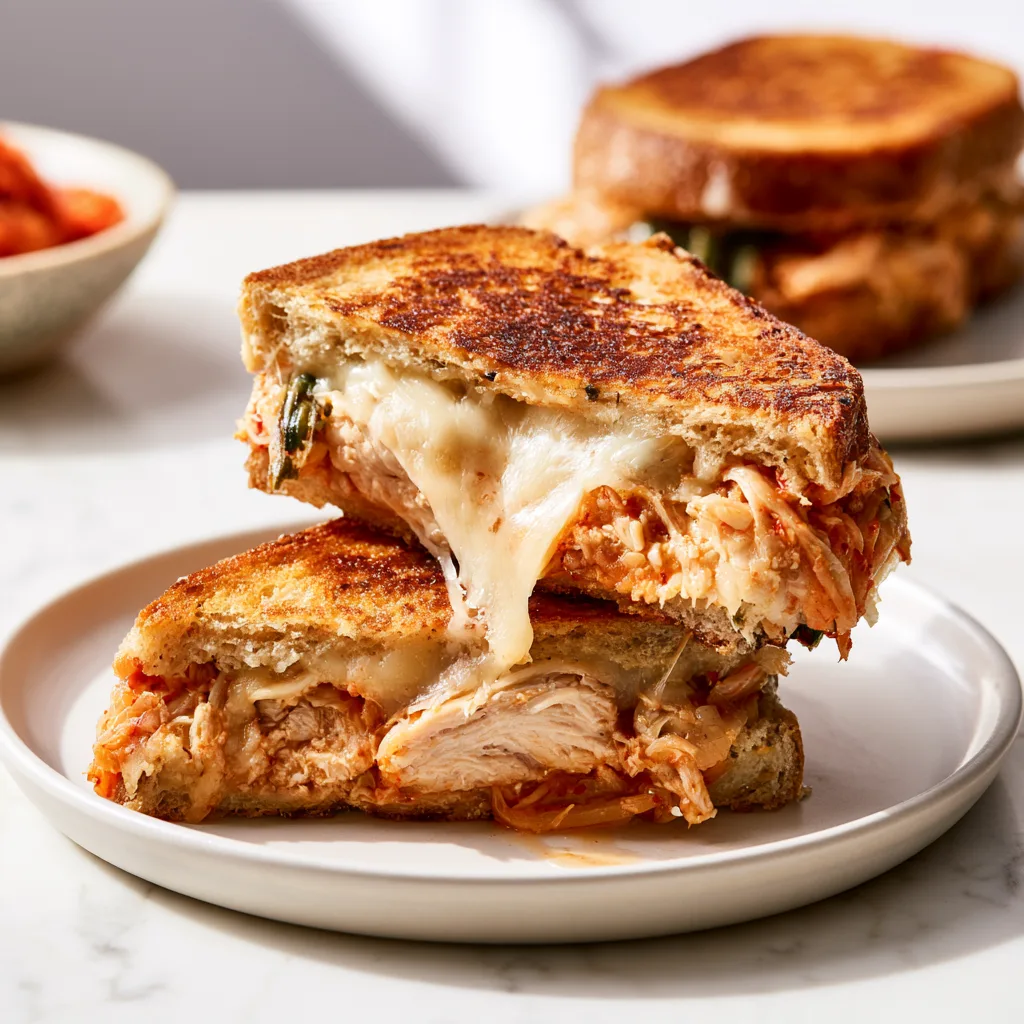 Roast Chicken Kimchi Toastie with melting cheese served on a white plate