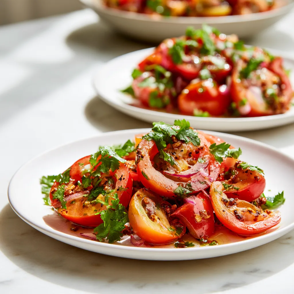 Serving example of the Tomato Salad with Tarka Dressing