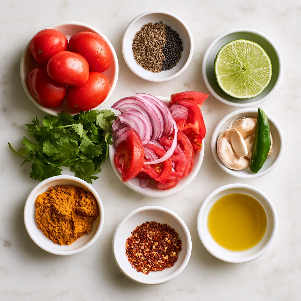 Ingredients needed to make Tomato Salad with Tarka Dressing