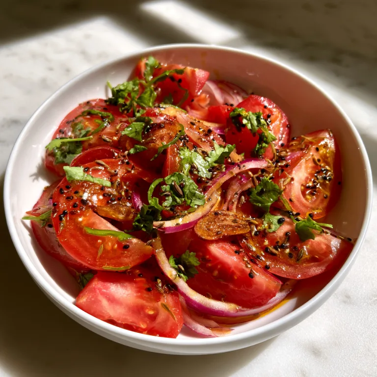 Tomato Salad with Tarka Dressing in a white bowl