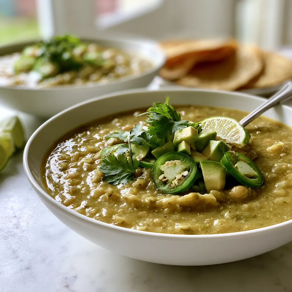 Vegan crockpot tomatillo stew served with fresh tomatillo in a white bowl