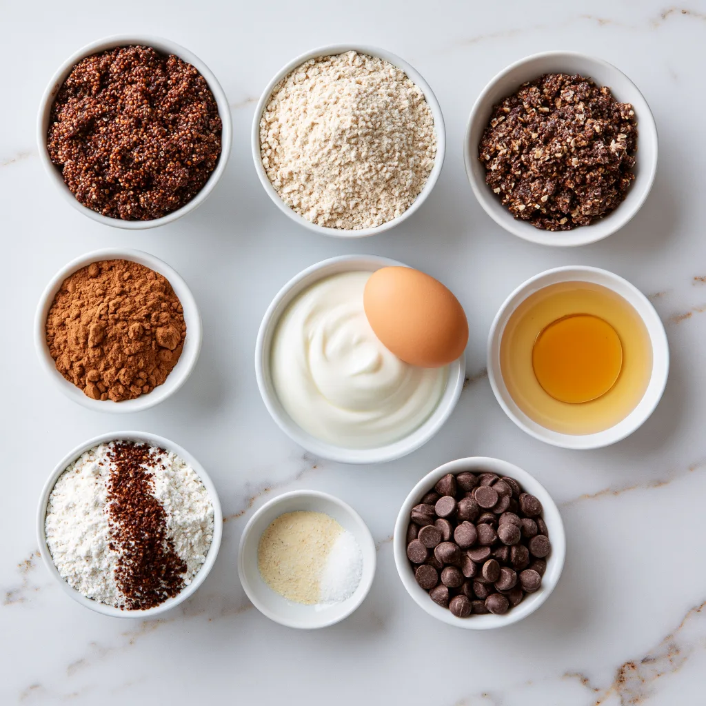 Ingredients needed to make high protein chocolate quinoa muffins