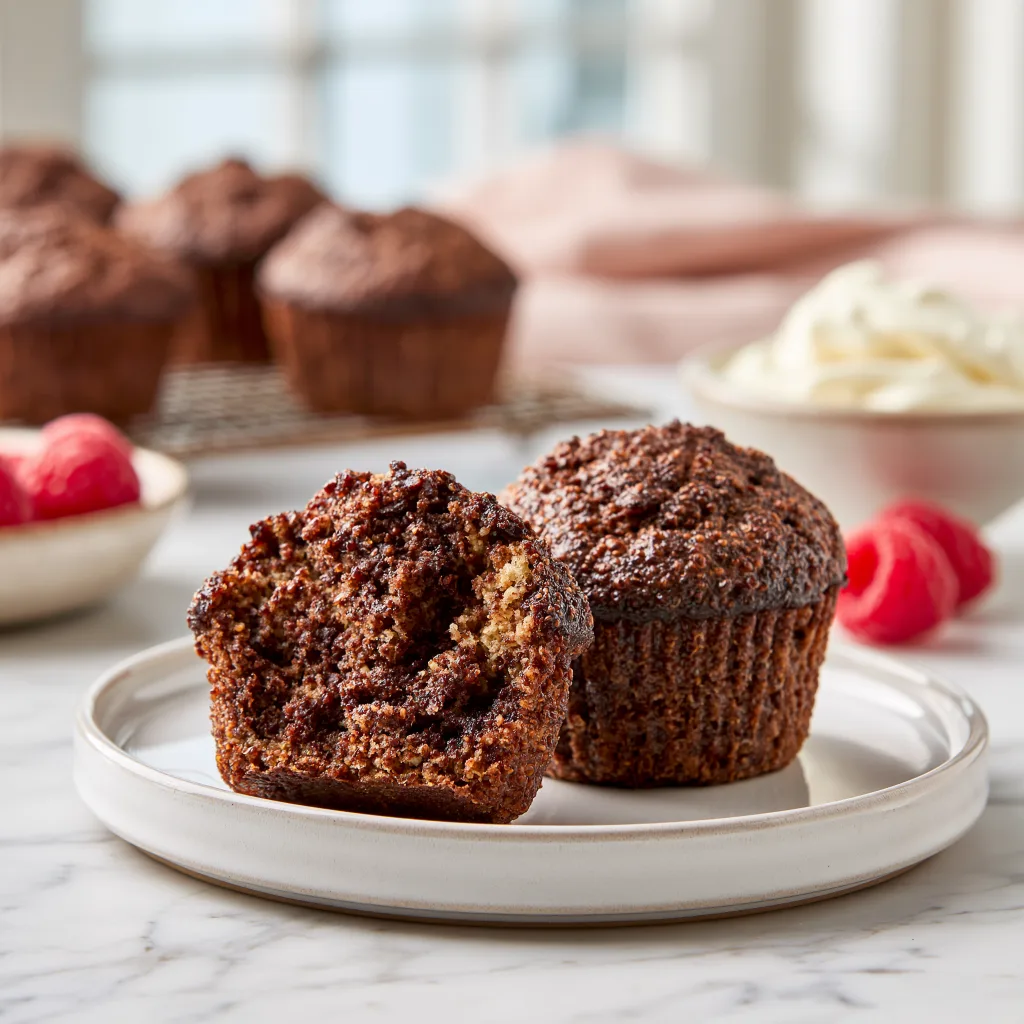 High-protein chocolate-quinoa muffins served on a white plate.