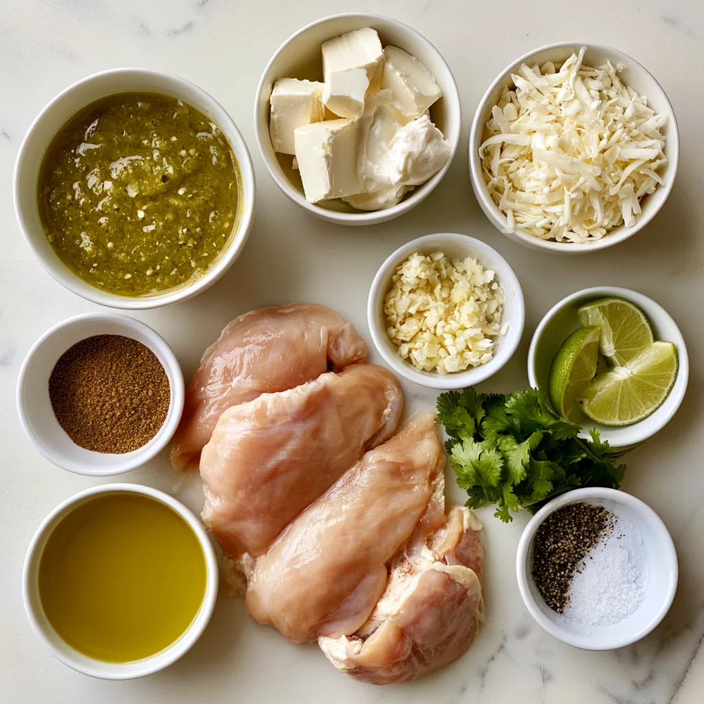 Ingredients needed to make creamy salsa verde chicken