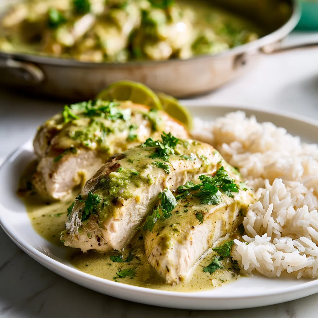 Creamy salsa verde chicken with rice on a white plate