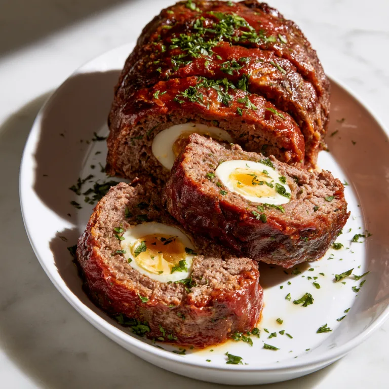 Egg stuffed meatloaf on a white platter