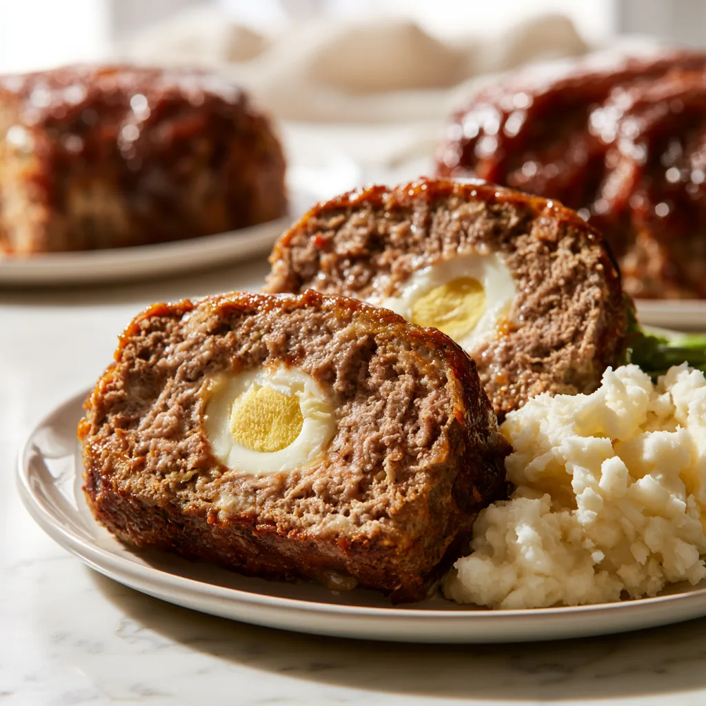 Egg stuffed meatloaf served with mashed potatoes