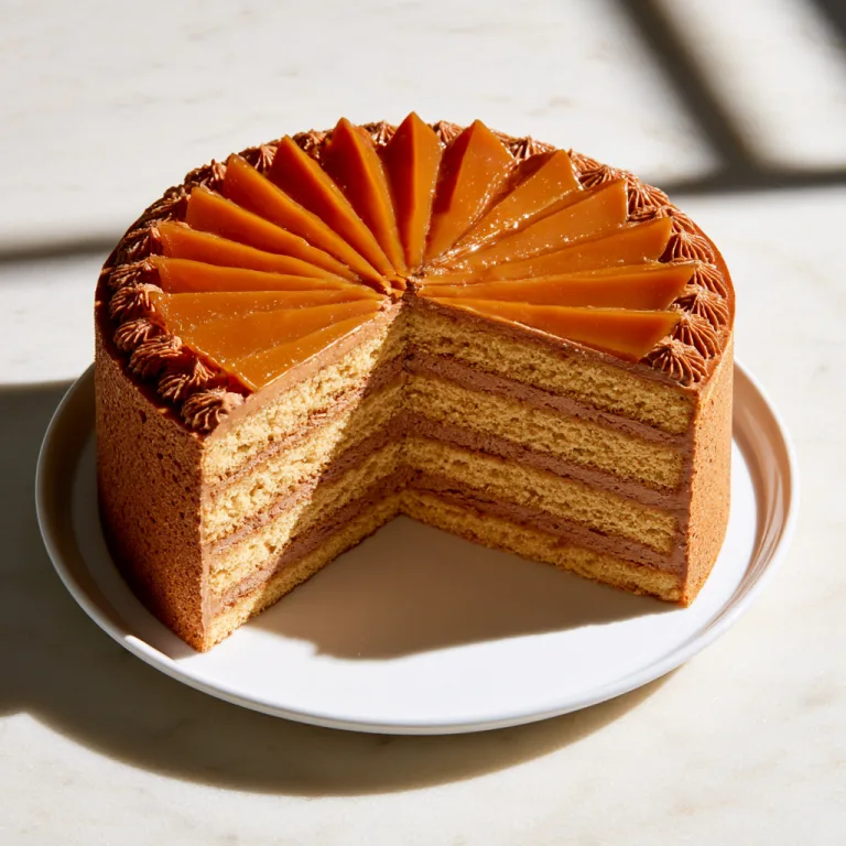 Hungarian Dobos Torte with couple of slices missing