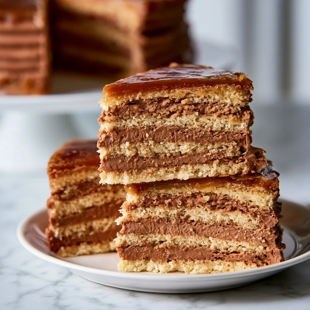 Three slices of Hungarian Dobos Torte on a white plate