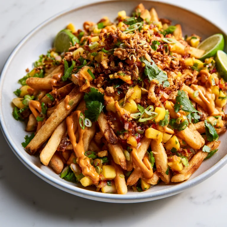 Loaded fricy fries on a white plate