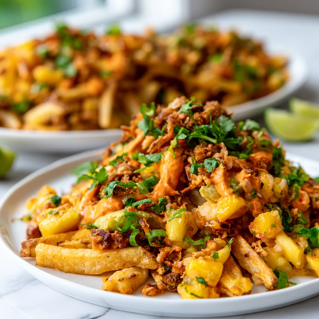 Loaded fricy fries with fresh garnish sprinkled on top