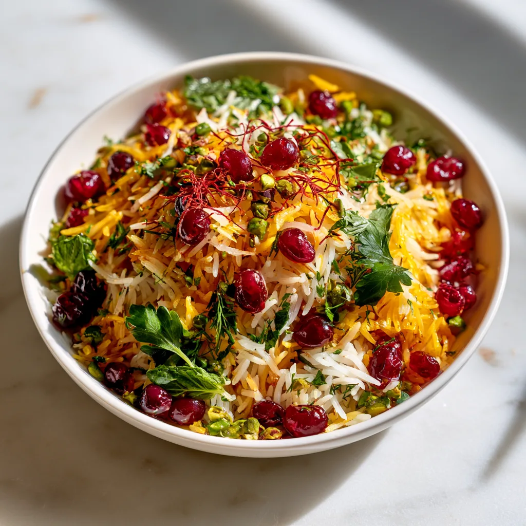 Saffron rice with barberries served with fresh garnish