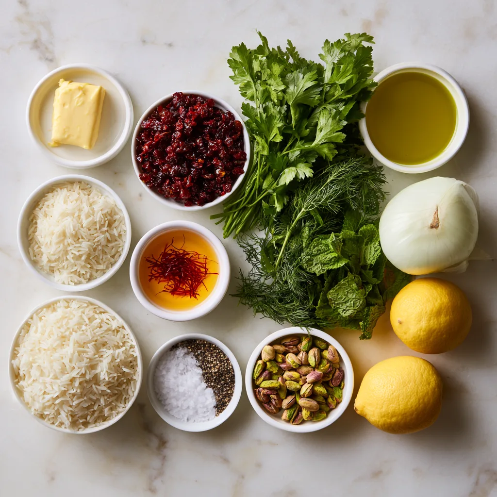 Ingredients needed to make saffron rice with barberries