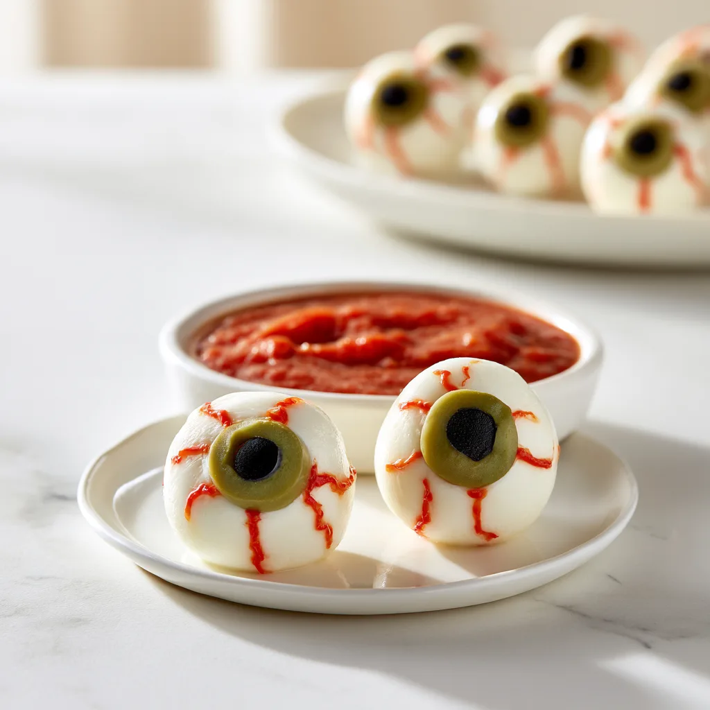 Halloween Mozzarella Eyeballs serving on a white plate with the dipping sauce on the side