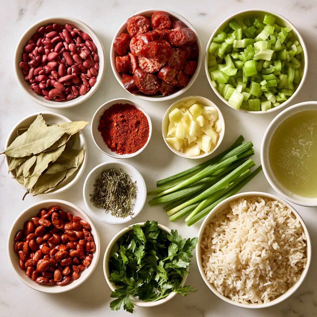 All ingredients needed to make Mom's New Orleans Red Beans and Rice