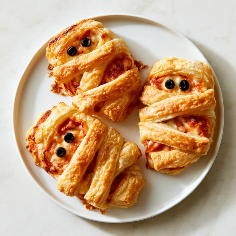 Hero shot of Puff pastry pizza mummies, three pieces on a white plate