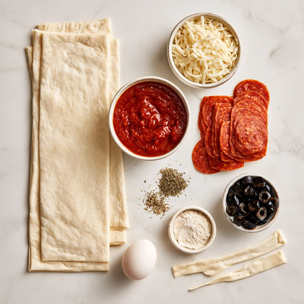 Ingredients needed to make Puff pastry pizza mummies