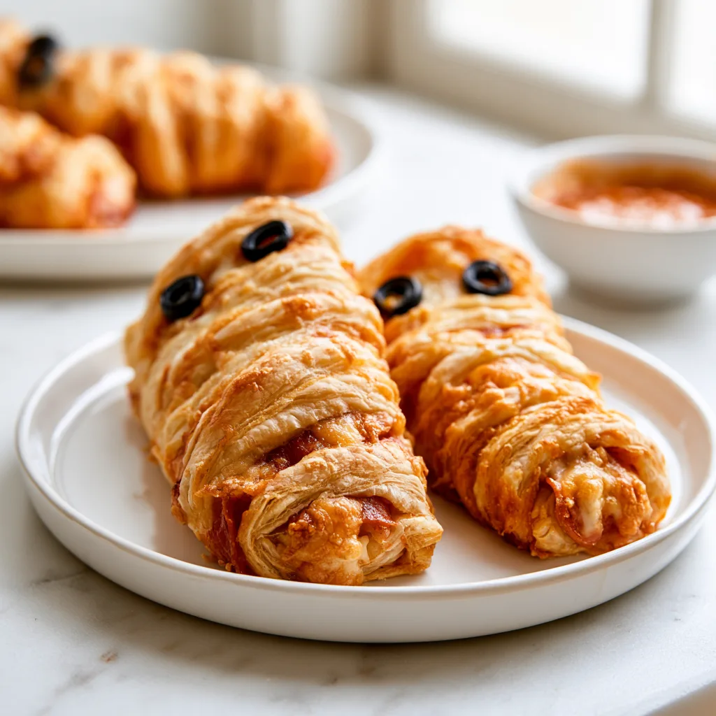 Serving example of Puff pastry pizza mummies with dipping sauce blurred in the background