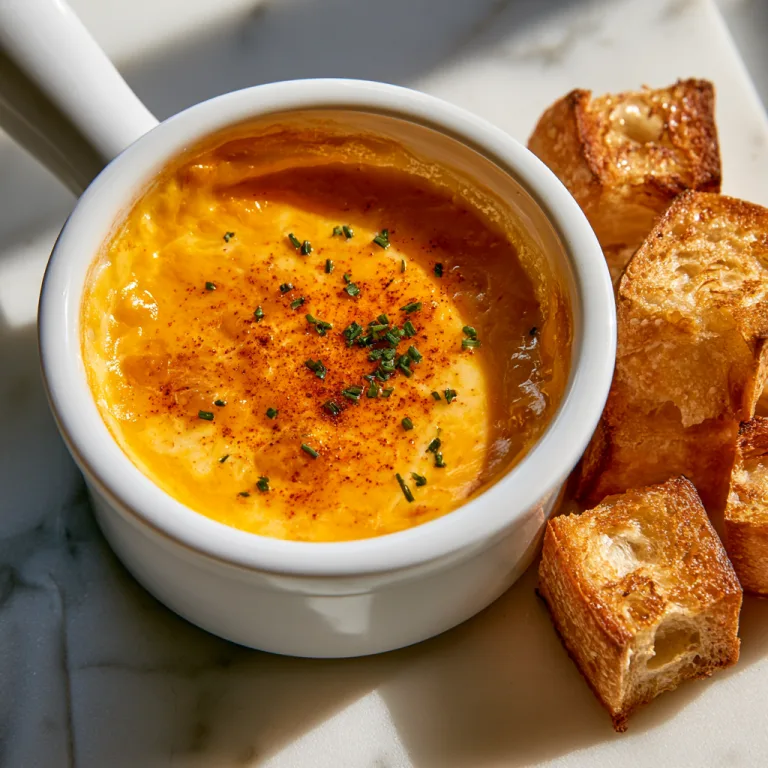 American fondue in a white bowl with bread on the side