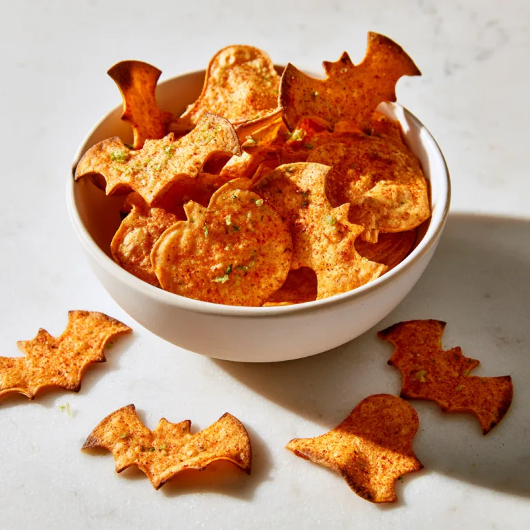 Baked halloween tortilla chips in a white bowl