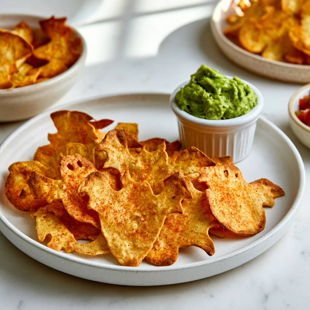 Baked halloween tortilla chips served on a white plate with guacamole dip on the side