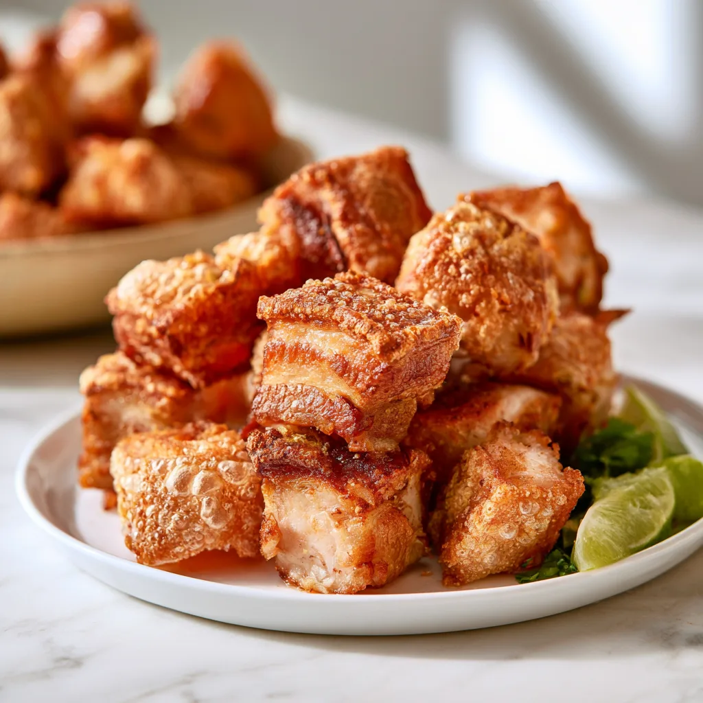 Chicharrones served on a white plate with two small slices of limes