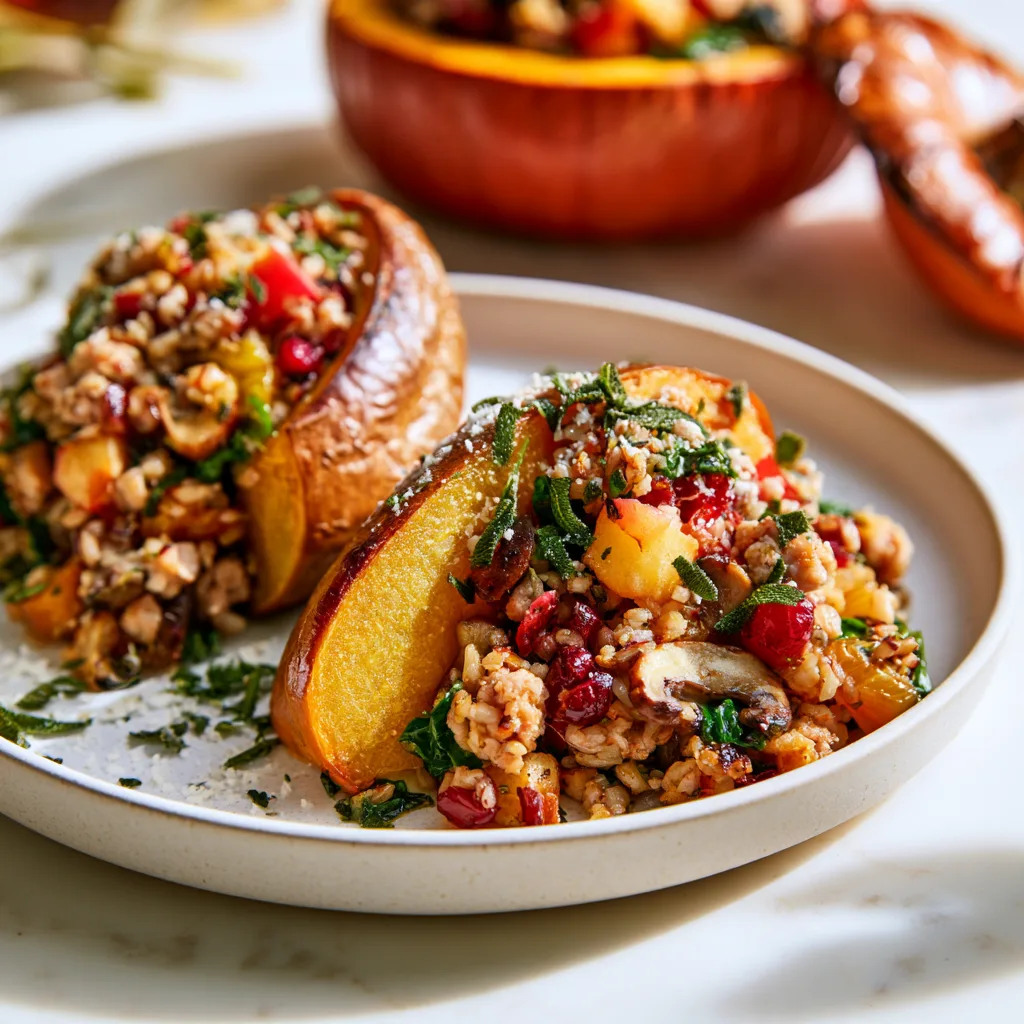 Serving example of dinner in a pumpkin where pumpkin is sliced and served with the content inside the pumpkin