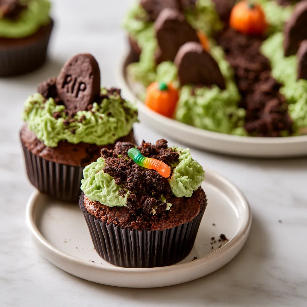 Serving example of pull apart graveyard cupcakes
